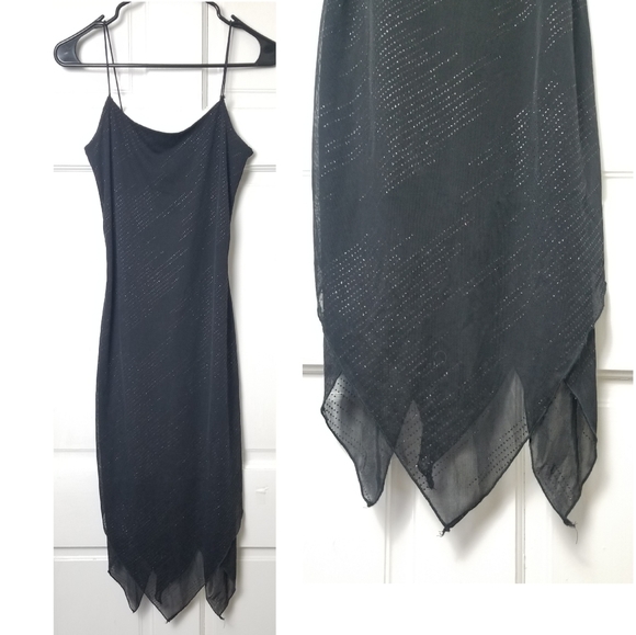 Vintage Dresses & Skirts - VINTAGE 90s Handkerchief Hem Slinky Black Dress